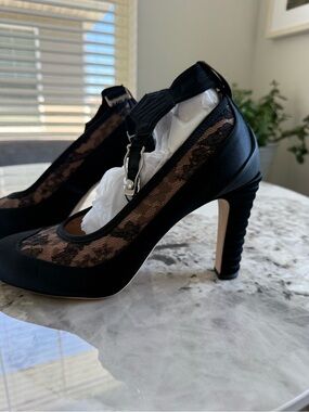 Fendi Black Lace Garter Belt Ankle-Strap Mary Jane Heels